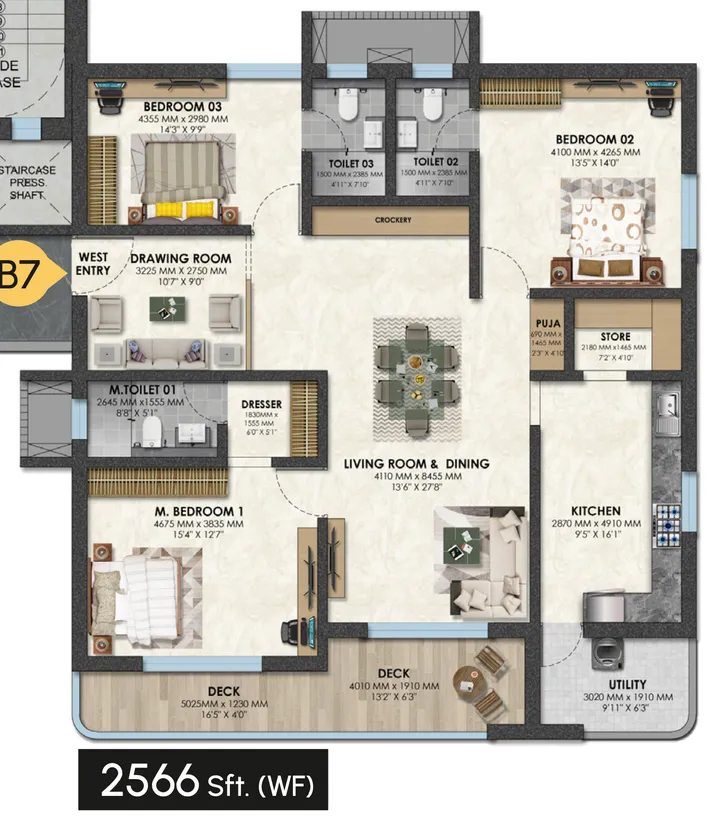 3 BHK 2,566 sq.ft west-facing floor plan at Raghava Nova
