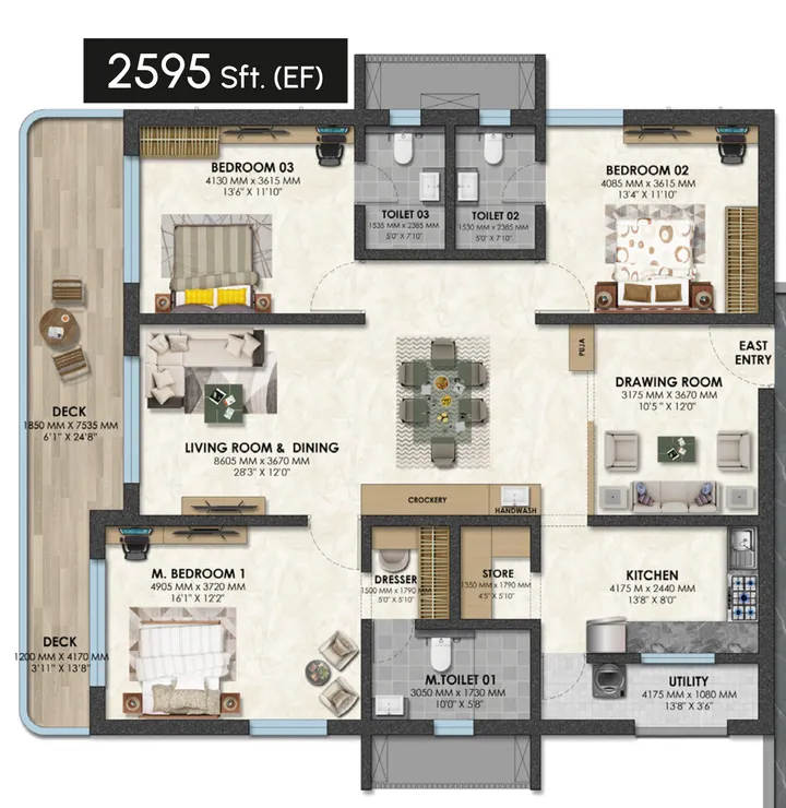 3 BHK Large floor plan at Raghava Nova